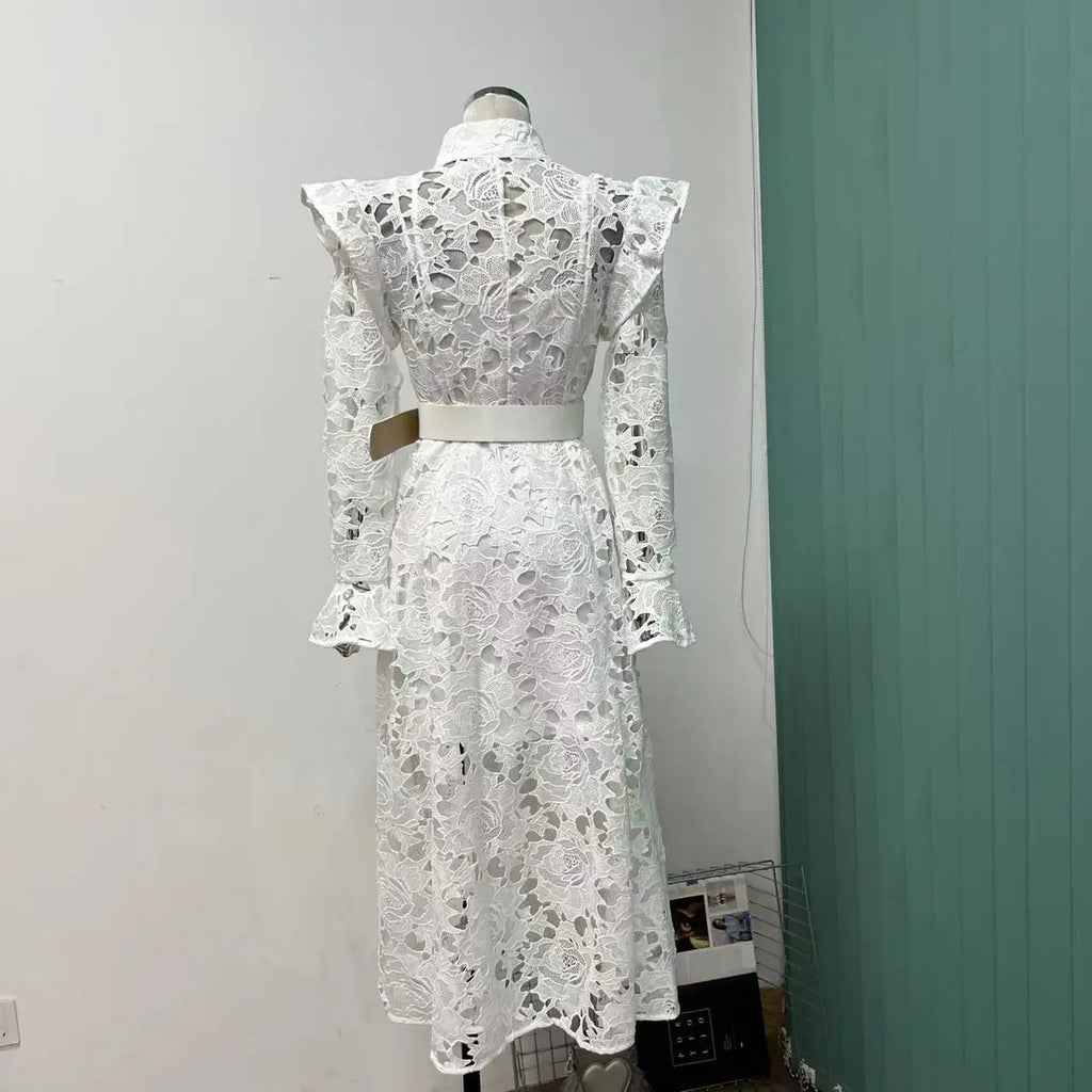Floral Lace High Neck Button Front Bell Sleeve Belted Midi Shirt Dress
