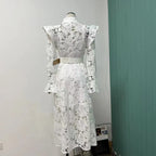 Floral Lace High Neck Button Front Bell Sleeve Belted Midi Shirt Dress