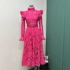 Floral Lace High Neck Button Front Bell Sleeve Belted Midi Shirt Dress