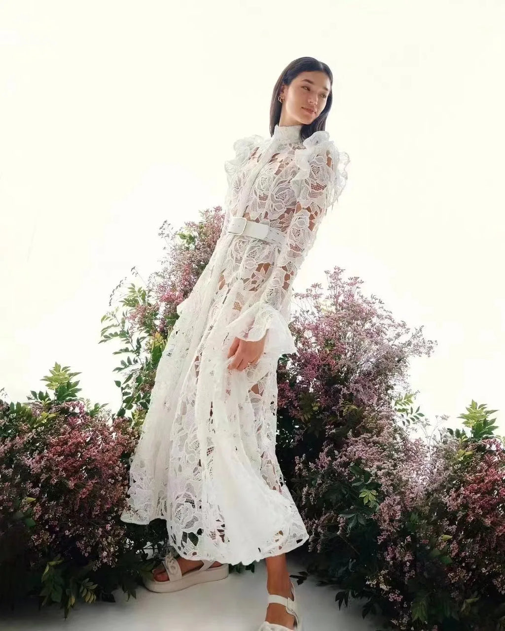 Floral Lace High Neck Button Front Bell Sleeve Belted Midi Shirt Dress