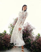 Floral Lace High Neck Button Front Bell Sleeve Belted Midi Shirt Dress
