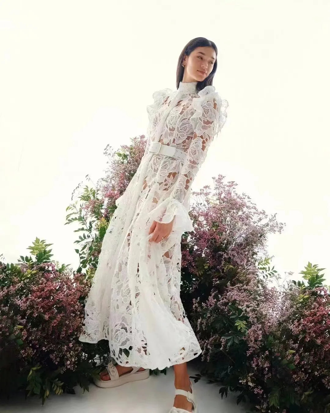 Floral Lace High Neck Button Front Bell Sleeve Belted Midi Shirt Dress
