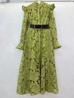 Floral Lace High Neck Button Front Bell Sleeve Belted Midi Shirt Dress