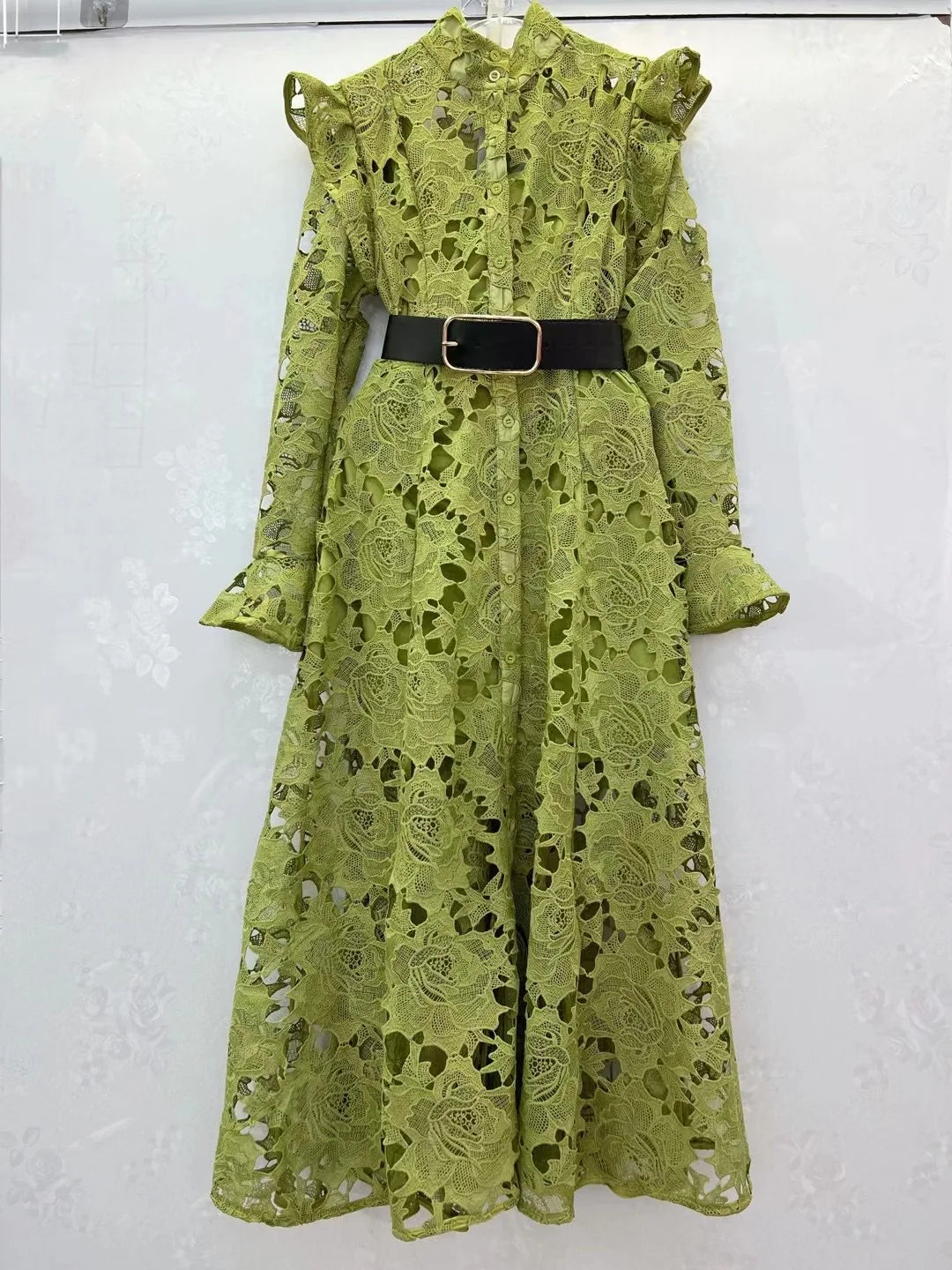 Floral Lace High Neck Button Front Bell Sleeve Belted Midi Shirt Dress