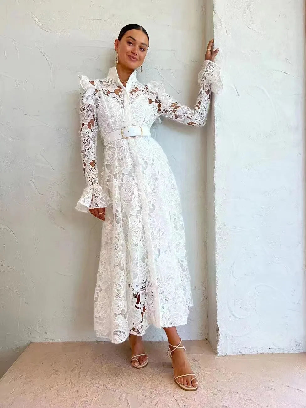 Floral Lace High Neck Button Front Bell Sleeve Belted Midi Shirt Dress