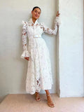 Floral Lace High Neck Button Front Bell Sleeve Belted Midi Shirt Dress