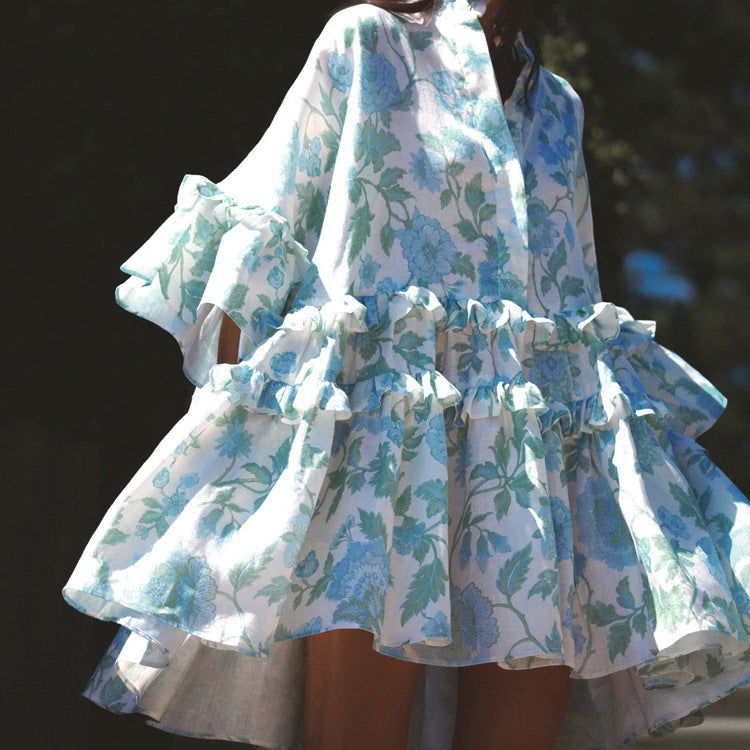 French Dress Small Collared Ruffled Printed Pettidress