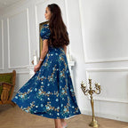 French Peter Pan Collar Short Sleeve Blue Floral Slimming High End Exquisite First Love Dress