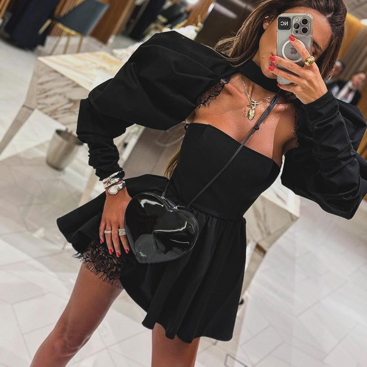 French Tube Top High Grade Backless Long Sleeves Black Two Piece A Line Dress
