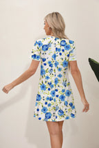 Round Neck Short Sleeve Botanical Leaf Placement Print Mini Dress