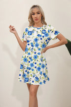 Round Neck Short Sleeve Botanical Leaf Placement Print Mini Dress