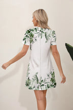 Round Neck Short Sleeve Botanical Leaf Placement Print Mini Dress