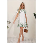 Botanical Leaf Border Print Short Sleeve Mini Dress
