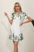 Round Neck Short Sleeve Botanical Leaf Placement Print Mini Dress