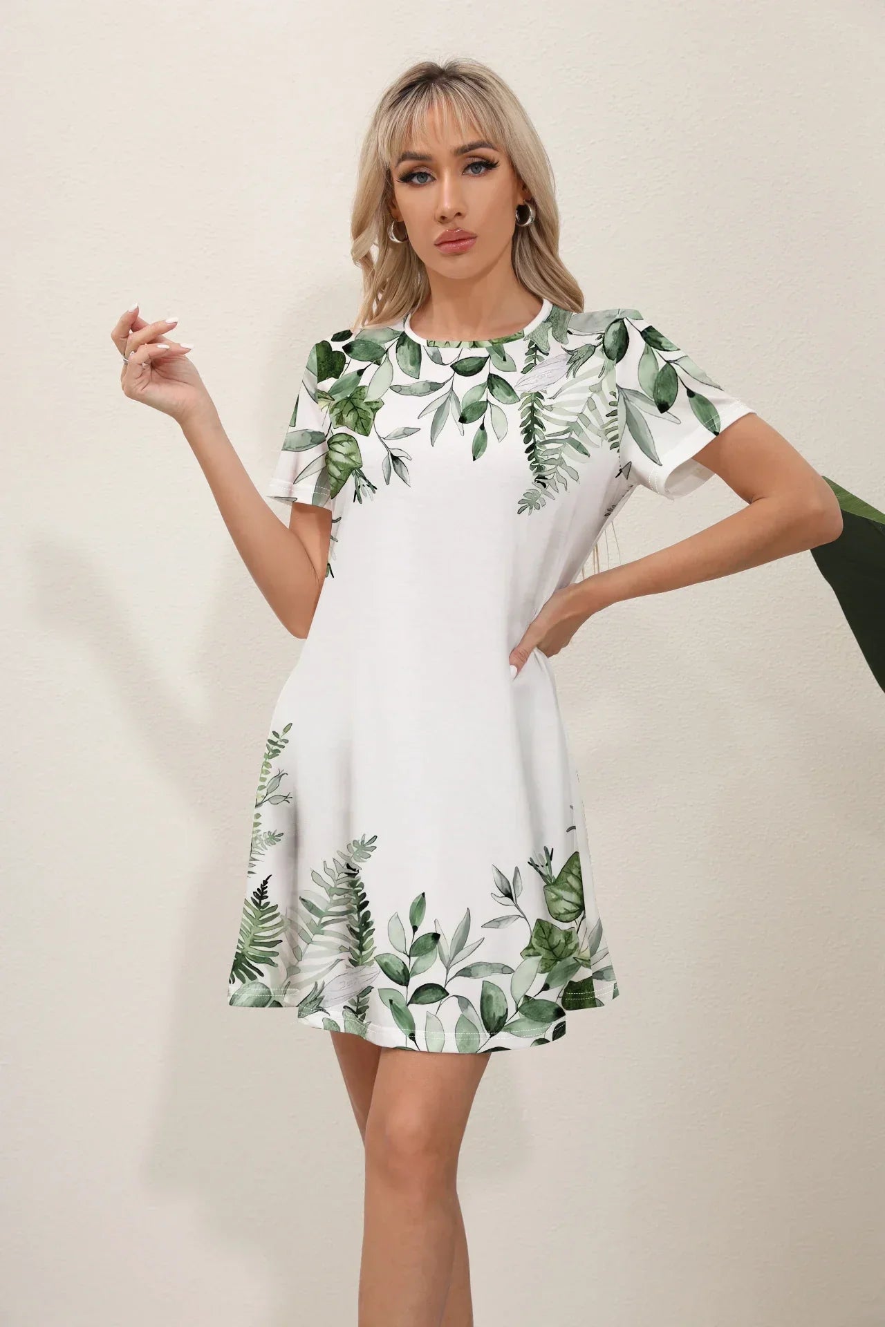 Round Neck Short Sleeve Botanical Leaf Placement Print Mini Dress