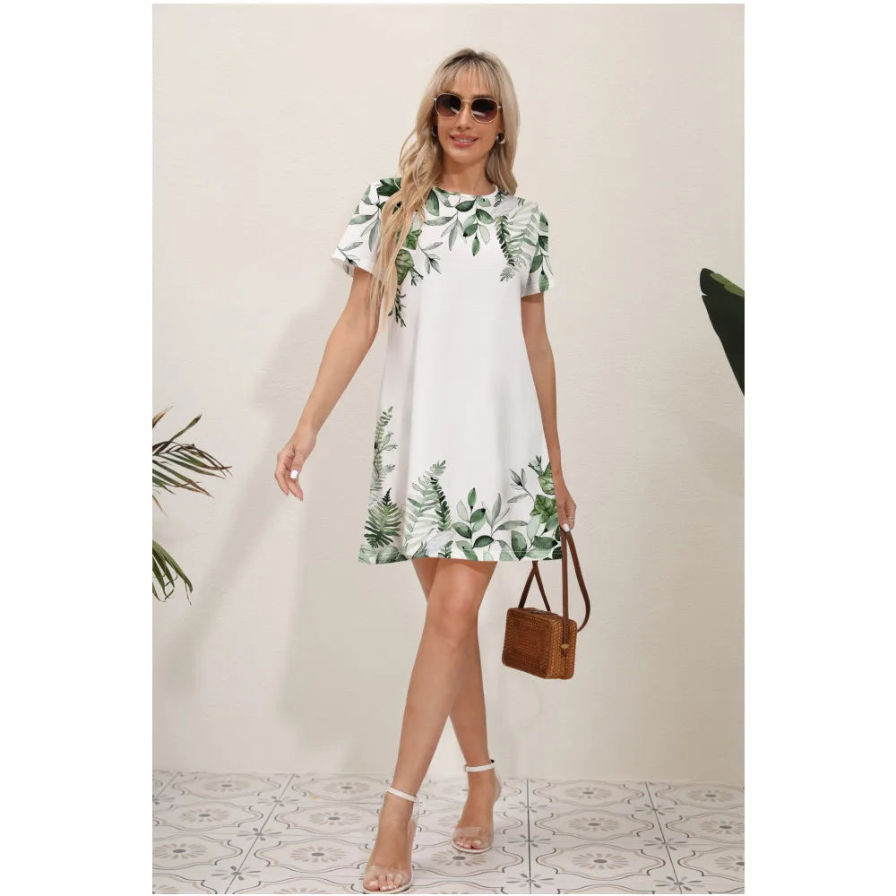 Round Neck Short Sleeve Botanical Leaf Placement Print Mini Dress