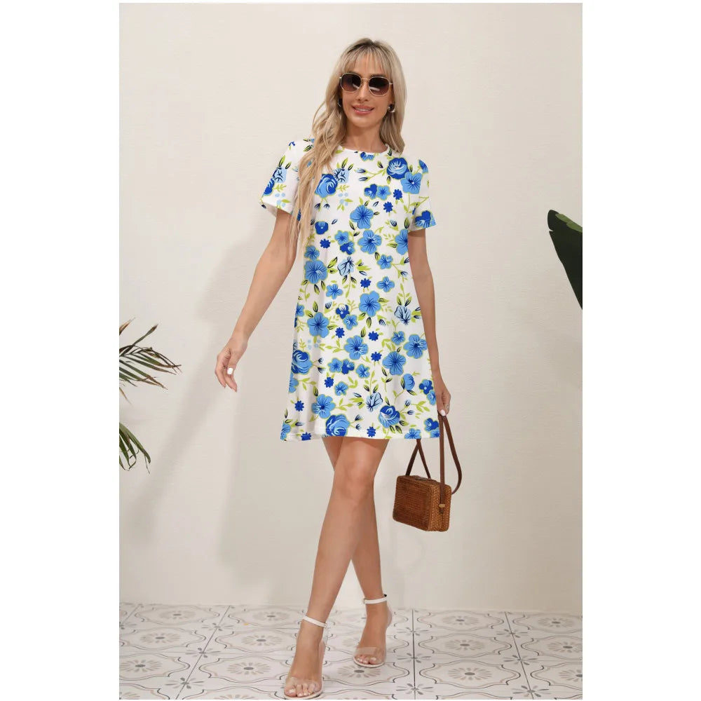 Botanical Leaf Border Print Short Sleeve Mini Dress