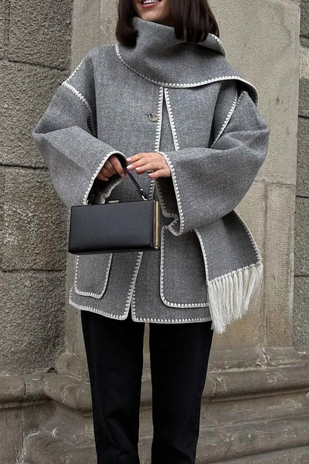 | Fringed Hem Shawl Coat