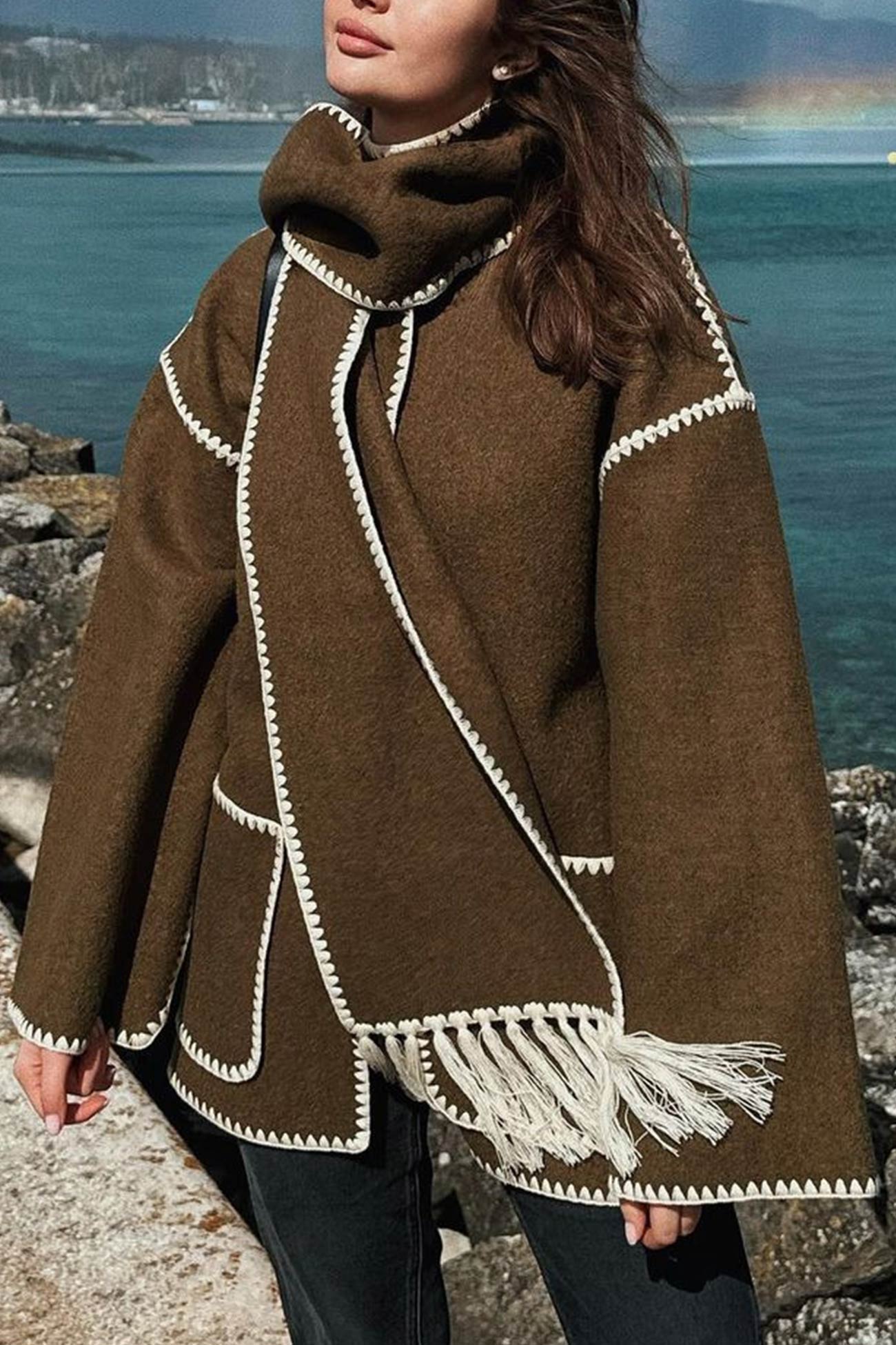 | Fringed Hem Shawl Coat
