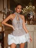 Halter Neck Rhinestone Cut Out Tiered Tulle Ruffle Mini Dress