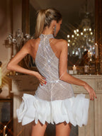 Halter Neck Rhinestone Cut Out Tiered Tulle Ruffle Mini Dress
