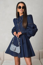 Mandarin Collar Button Front Puff Sleeve Cinched Waist Denim Mini Dress