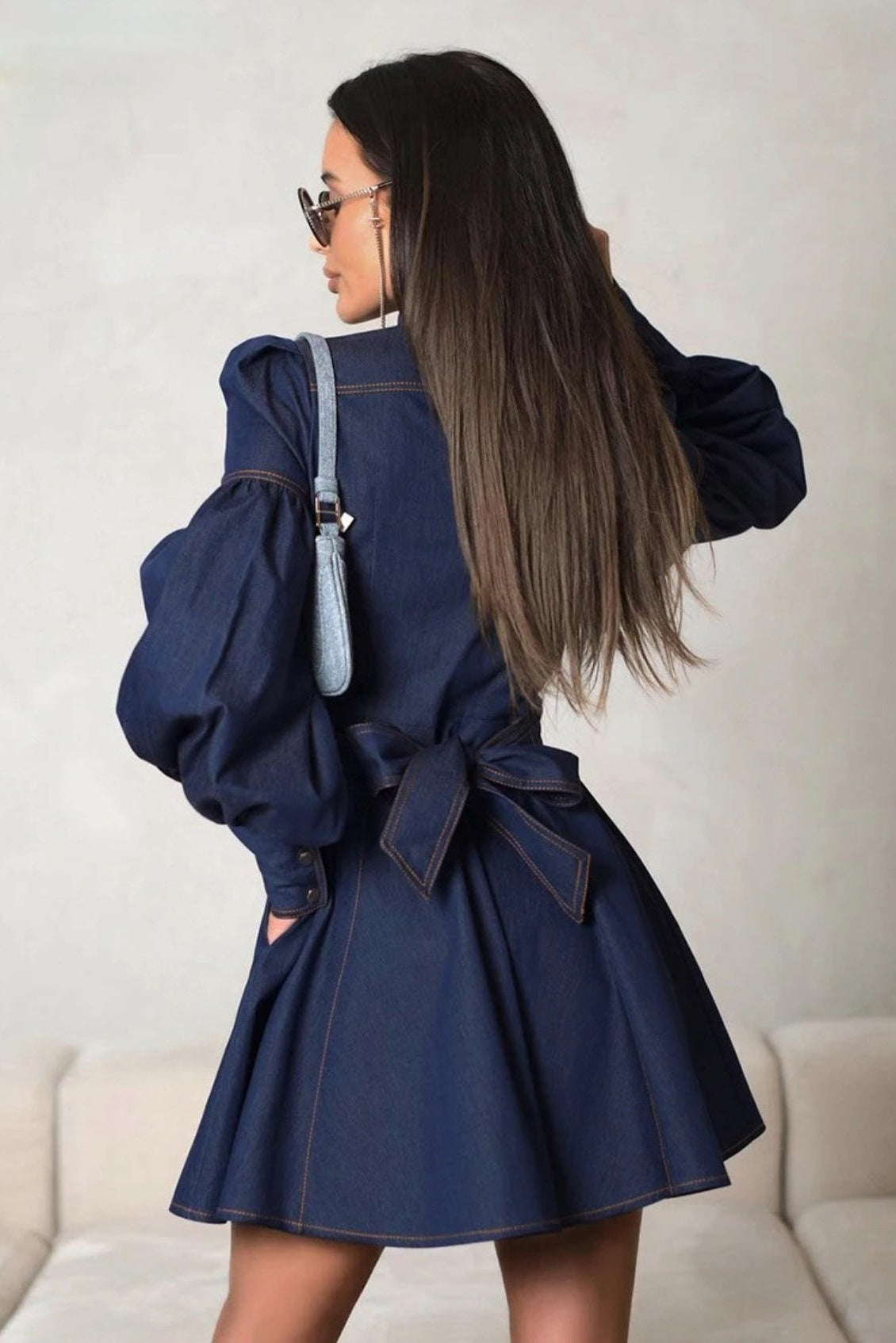 Mandarin Collar Button Front Puff Sleeve Cinched Waist Denim Mini Dress