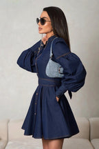 Mandarin Collar Button Front Puff Sleeve Cinched Waist Denim Mini Dress