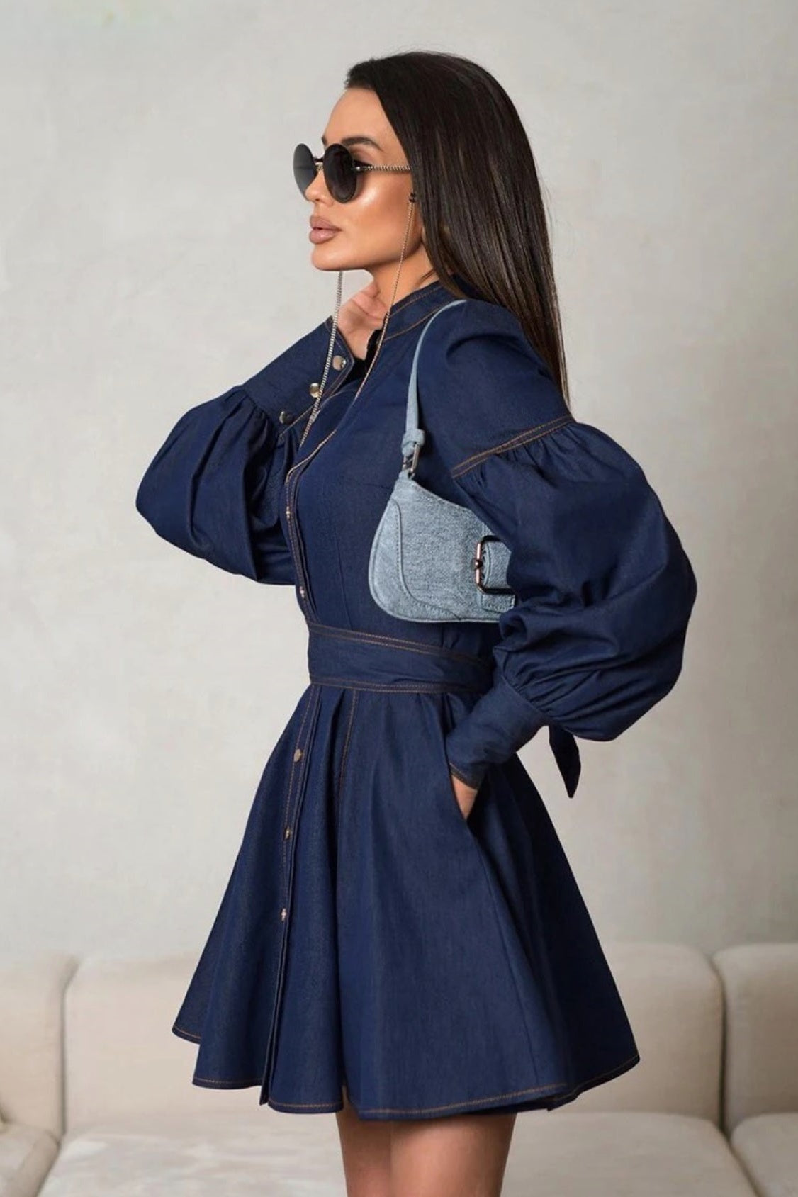 Mandarin Collar Button Front Puff Sleeve Cinched Waist Denim Mini Dress