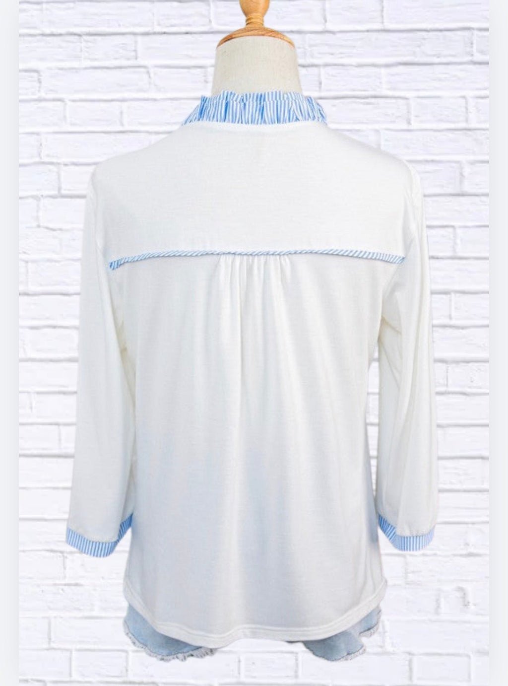 Stripe Patchwork Frilled V-Neck 3/4 Sleeve Blouse