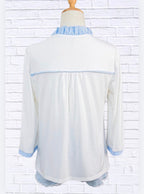 Stripe Patchwork Frilled V-Neck 3/4 Sleeve Blouse