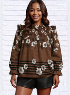 Umgee Full Size Mix Floral Smocked Ruffle Blouse Plus Size