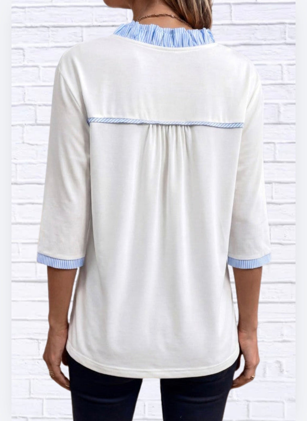 Stripe Patchwork Frilled V-Neck 3/4 Sleeve Blouse