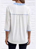 Stripe Patchwork Frilled V-Neck 3/4 Sleeve Blouse