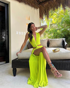 Deep V-Neck Halter Neck Waist Cut Out Knotted Drape High Split Maxi Gown