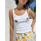 Cartoon Print O-Neck Crop Top
