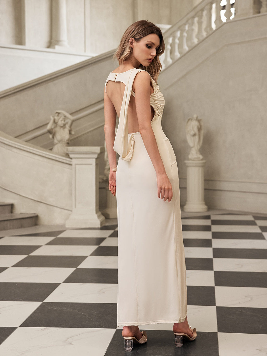 Ruched Boat Neck Twisted Hip Detail Side Slit Column Maxi Dress