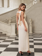 Ruched Boat Neck Twisted Hip Detail Side Slit Column Maxi Dress