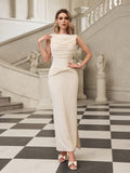 Ruched Boat Neck Twisted Hip Detail Side Slit Column Maxi Dress
