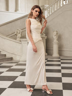 Ruched Boat Neck Twisted Hip Detail Side Slit Column Maxi Dress
