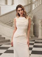 Ruched Boat Neck Twisted Hip Detail Side Slit Column Maxi Dress
