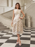 Asymmetric Diagonal Panel Corded Floral Lace Scalloped Hem Midi Dress