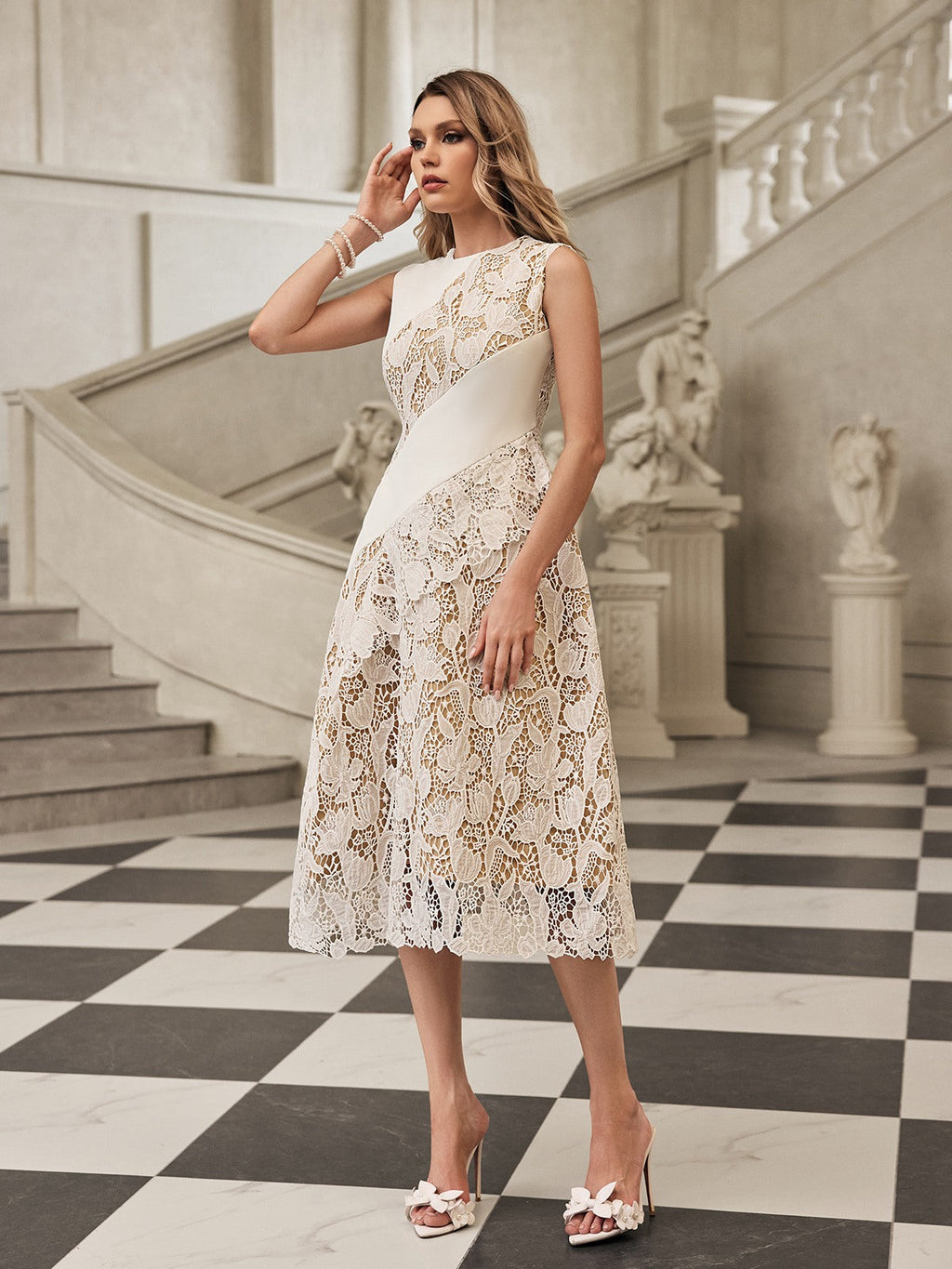 Asymmetric Diagonal Panel Corded Floral Lace Scalloped Hem Midi Dress