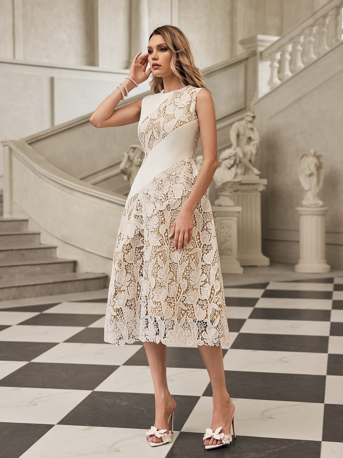 Asymmetric Diagonal Panel Corded Floral Lace Scalloped Hem Midi Dress
