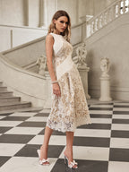 Asymmetric Diagonal Panel Corded Floral Lace Scalloped Hem Midi Dress