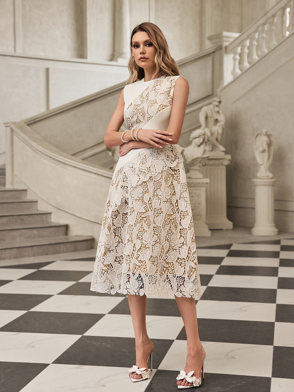 Asymmetric Diagonal Panel Corded Floral Lace Scalloped Hem Midi Dress