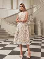 Asymmetric Diagonal Panel Corded Floral Lace Scalloped Hem Midi Dress