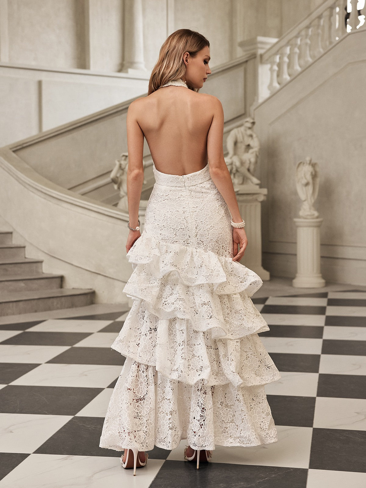 Lace Halter Plunging V-Neck Tiered Ruffle Mermaid Maxi Gown