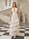 Lace Halter Plunging V-Neck Tiered Ruffle Mermaid Maxi Gown