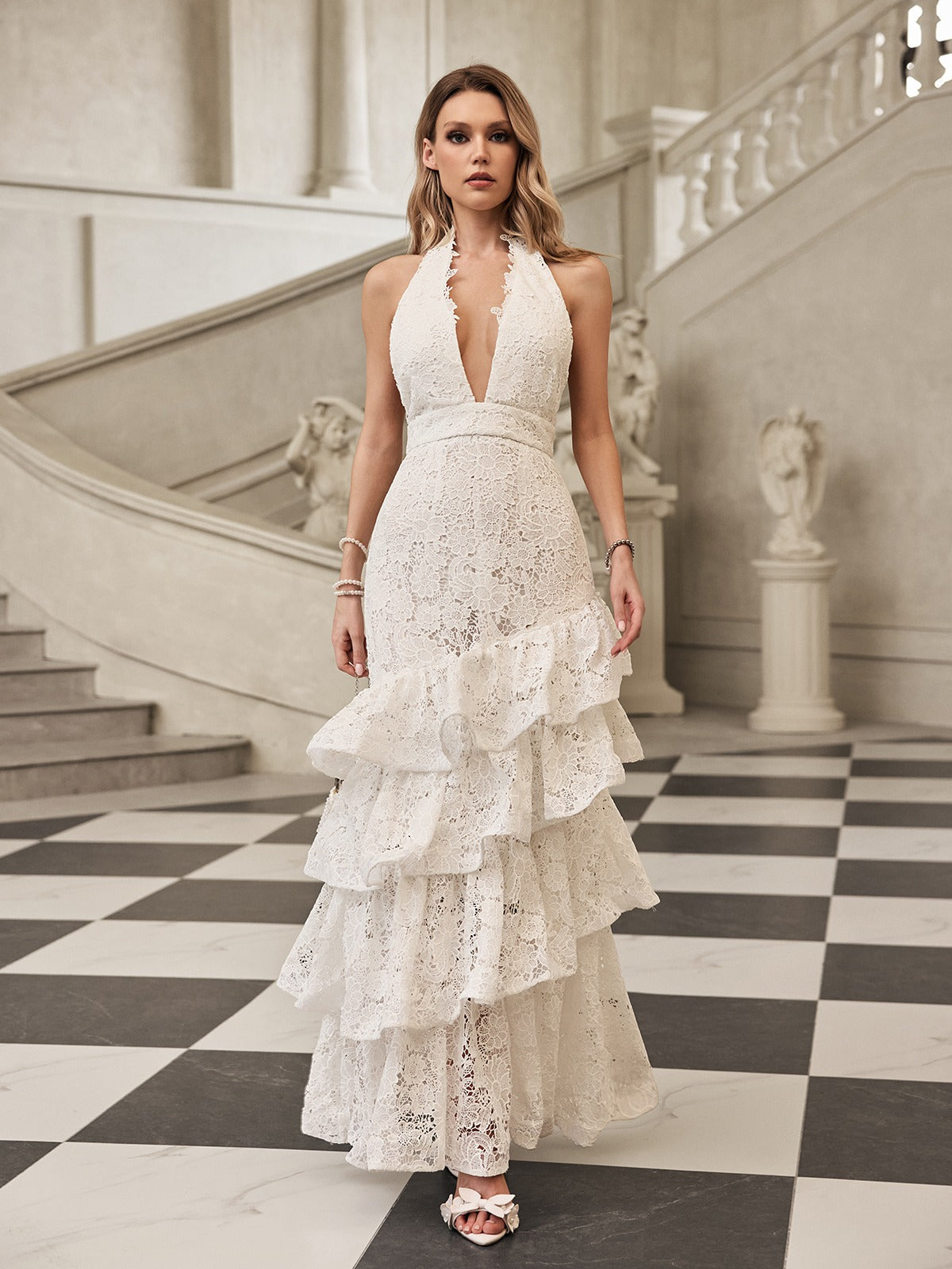 Lace Halter Plunging V-Neck Tiered Ruffle Mermaid Maxi Gown